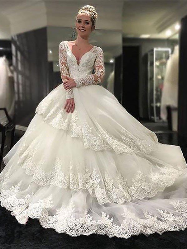 Lace Tulle Court Train Ball Gown Long Sleeves V-Neck Wedding Dresses UK