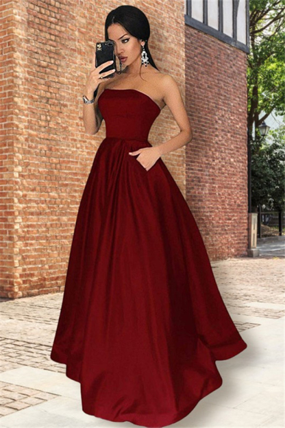 Burgundy Strapless Ruffles Prom Dress UKes UK Sleeveless Elegant Evening Dress UKes UK with Pocket
