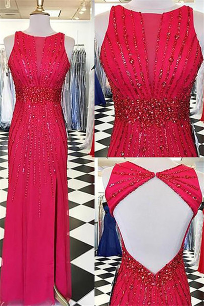 Sexy Red Jewel Side Slit Prom Dress UKes UK Open Back Sleeveless Evening Dress UKes UK with Beads