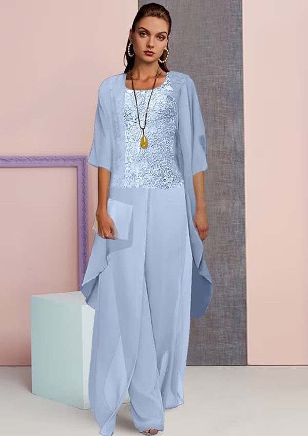Sky Blue Chiffon Long Sleeves 3 Piece Mother of the Bride Jumpsuits