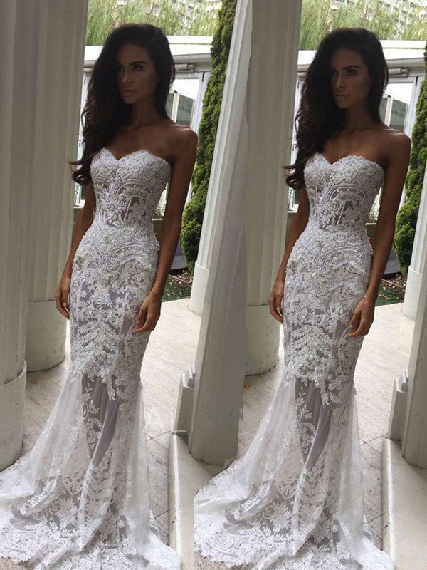 Sweetheart Sexy Mermaid Sleeveless Lace Court Train Applique Wedding Dresses UK-27Dress.co.uk