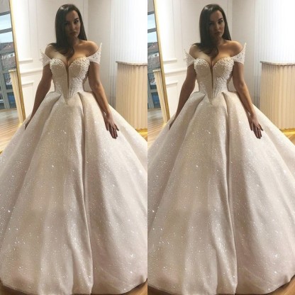 Elegant Cap-Sleeve Wedding Dress | Ball Gown Sequins Bridal Gowns-27Dress.co.uk