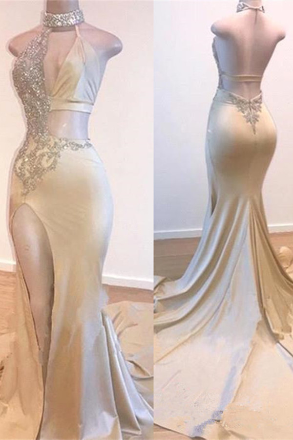 Crystal Halter Side Slit Prom Dresses | A-Line Backless Sleeveless Evening Dresses