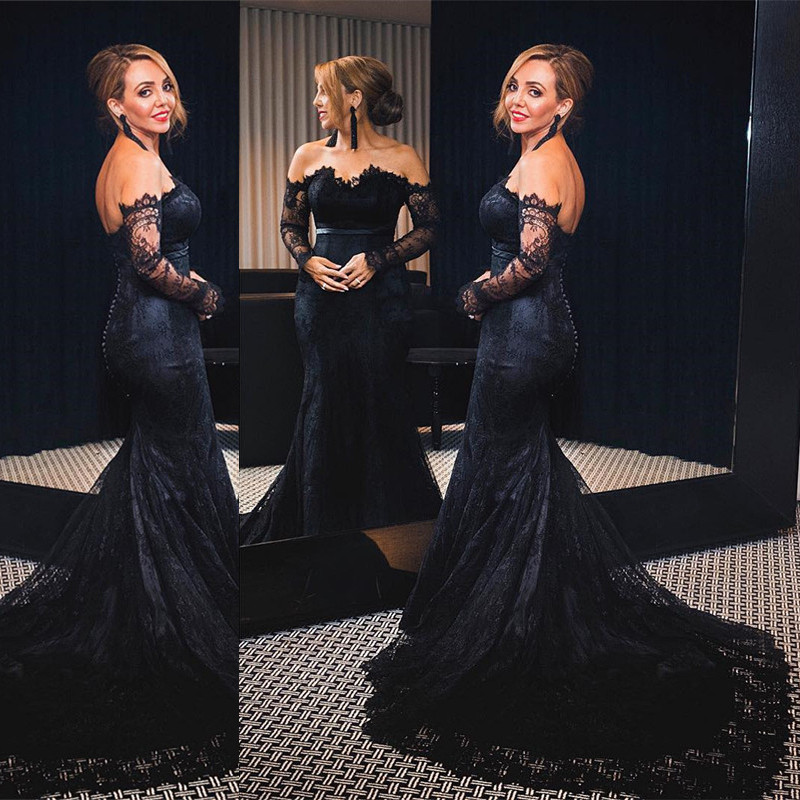 Elegant Black Mermaid Lace Evening Dress UK Long Sleeve Mermaid Party Dress UK Button Zipper Back BA7626-27Dress.co.uk