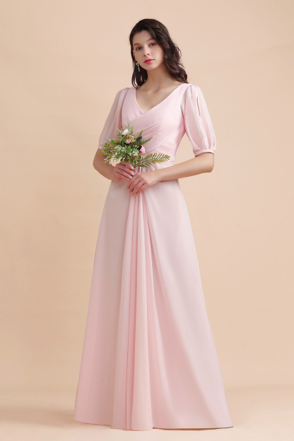 Simple Half Sleeves Pink Chiffon Bridesmaid Dress A-line Wedding Party Dress