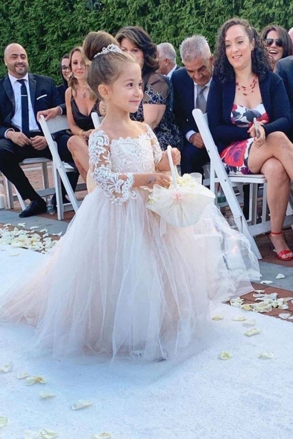 Romantic Princess Flower Girl Dress Long Sleeve Lace Gown