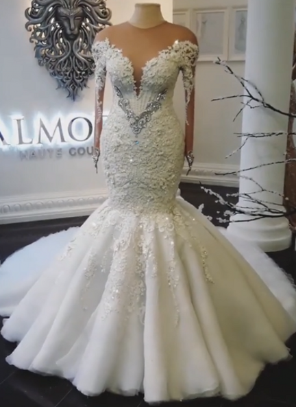 Crystals Long Sleeves Wedding Dresses UK Off-the-Shoulder Sexy Mermaid Bridal Gowns