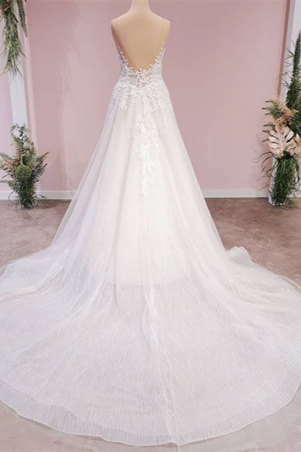 Elegant V-Neck Sleeveless Wedding Dress Aline Romantic Floral Lace Bridal Dress