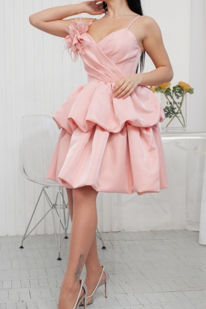 Cute Pink Ruffle Satin Knee Length Party Dress with Spaghetti Straps Flower Homecoming Dress