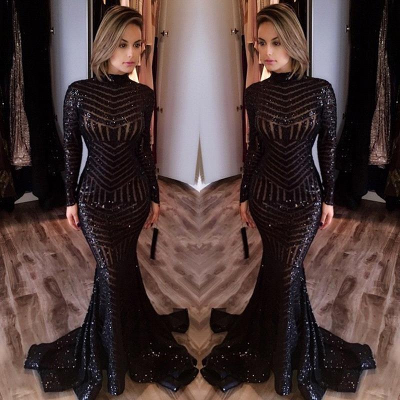 Sequined Black Mermaid High-Neck Elegant Long-Sleeves Prom Dress UK jj0085
