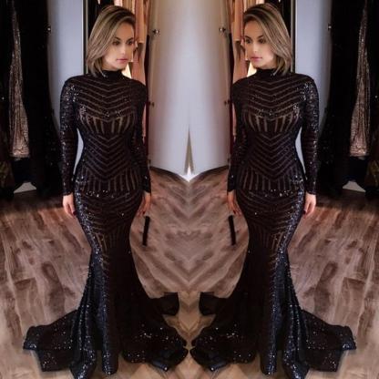Sequined Black Mermaid High-Neck Elegant Long-Sleeves Prom Dress UK jj0085