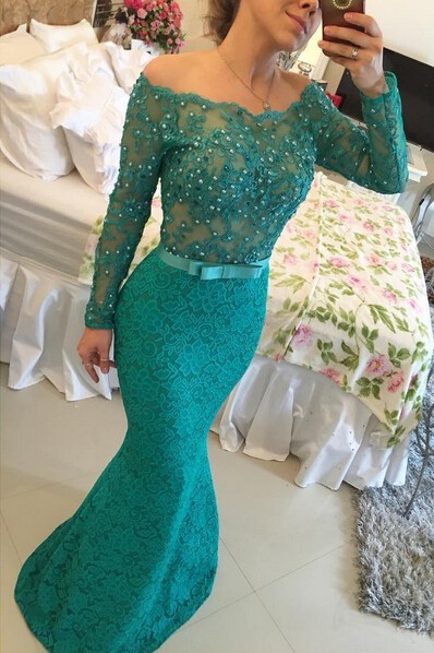 Modern Long Sleeve Lace Mermaid Prom Dress UK Pearls Off-the-shoulder -27Dress.co.uk