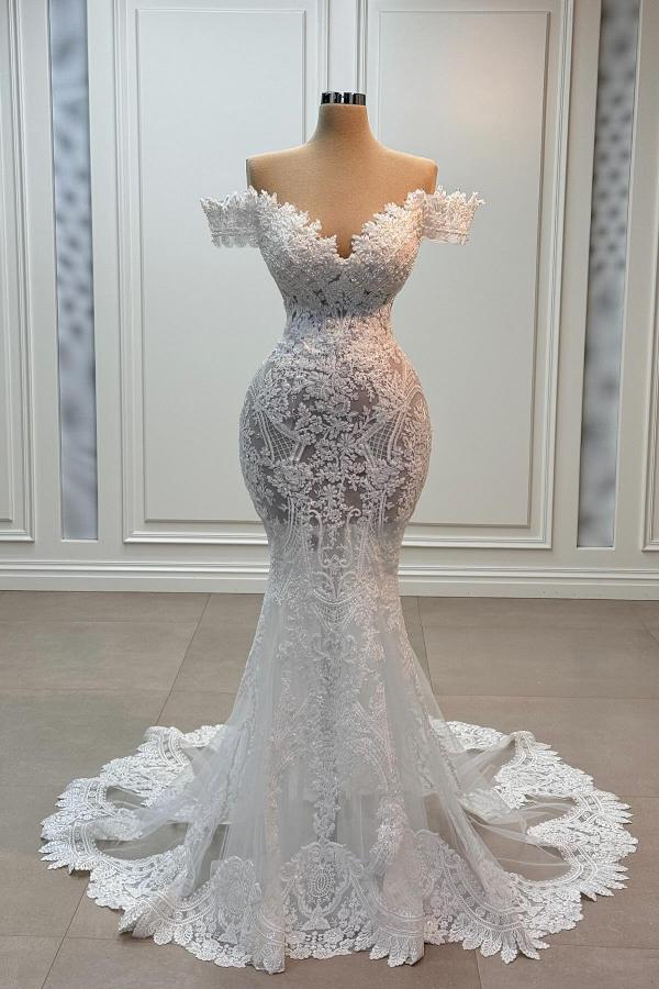 Elegant Off-Shoulder Appliques Lace Mermaid Wedding Dress Column Long Bridal Gown-27Dress.co.uk