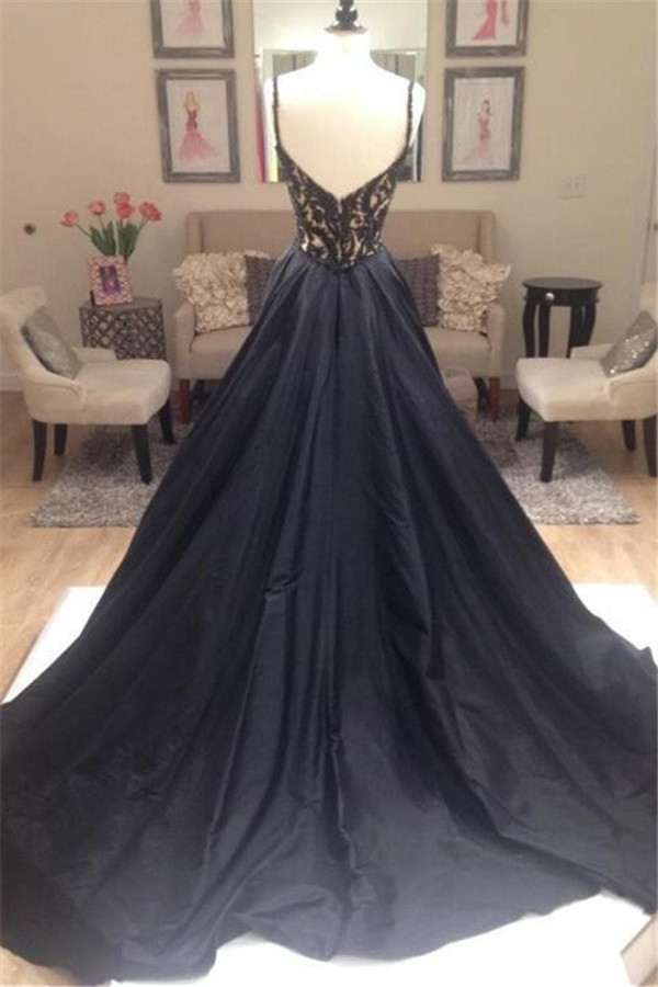 Black Lace Elegant V-Neck Sleeveless Prom Dress UKes UK Open Back Evening Dress UKes UK with Beads