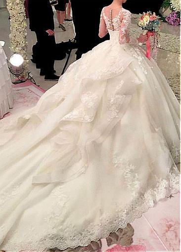 Ball Gown Long Sleeves Appliqued Court Train Wedding Dresses UK