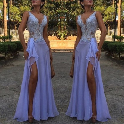 V-Neck Lace Evening Dress UK | 2019 Mermaid Prom Dress UK With Slit BA9608