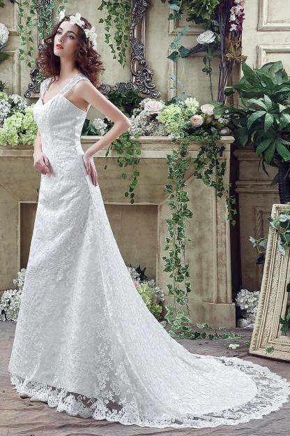 Elegant Lace Sweetheart A-line Wedding Dress Sweep Train Lace-up