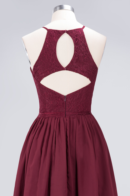A-line Light Chiffon Lace Jewel Sleeveless Knee-Length Bridesmaid Dress UKes UK UK with Ruffles