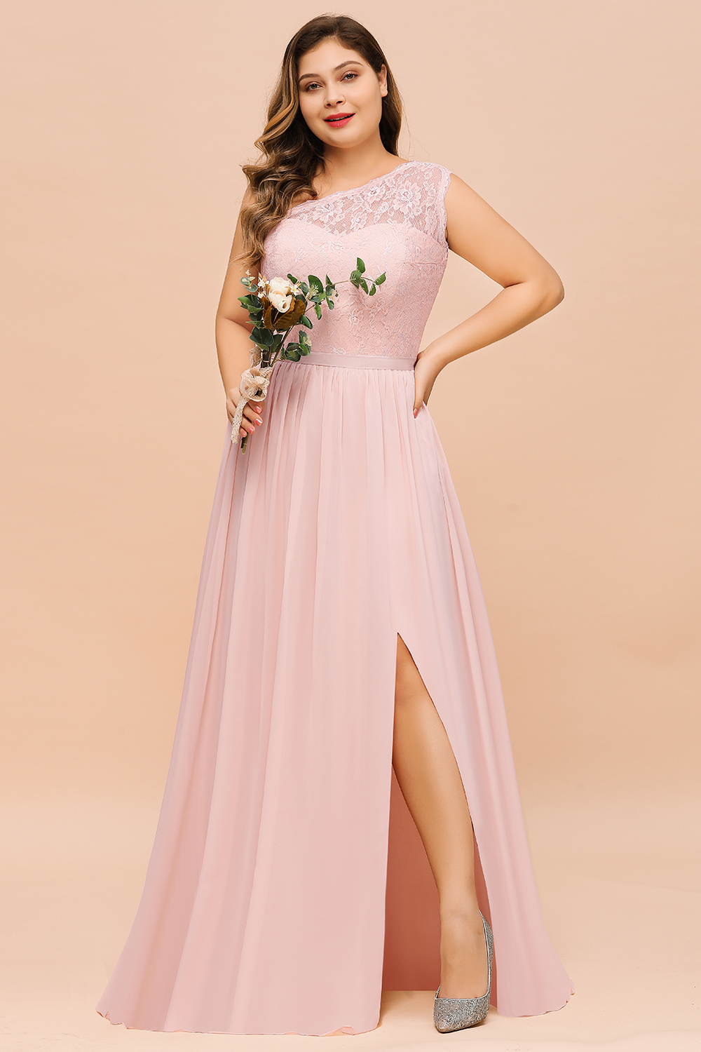 Elegant One Shoulder Lace Chiffon Plus Size Bridesmaid Dresswith Front Split