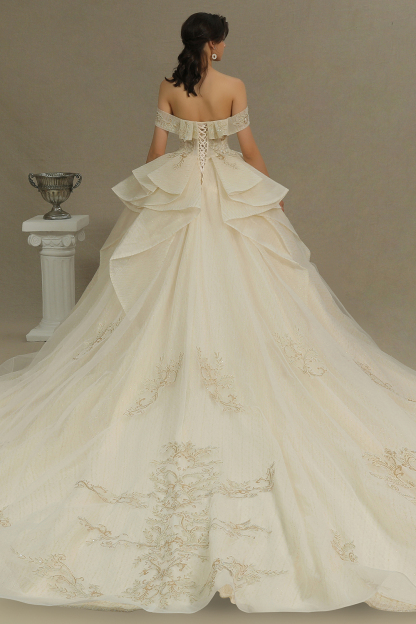 Gorgeous Off-the-Shoulder Floral Appliques Ball Gown aline Bridal Gown