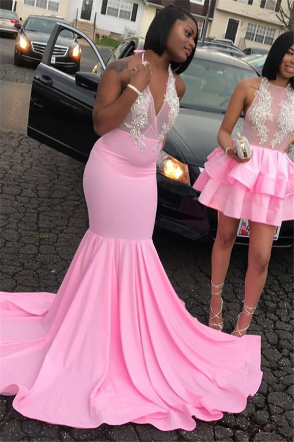Sexy Sweet Pink Halter Sleeveless Elegant Trumpt Teens Evening Gown