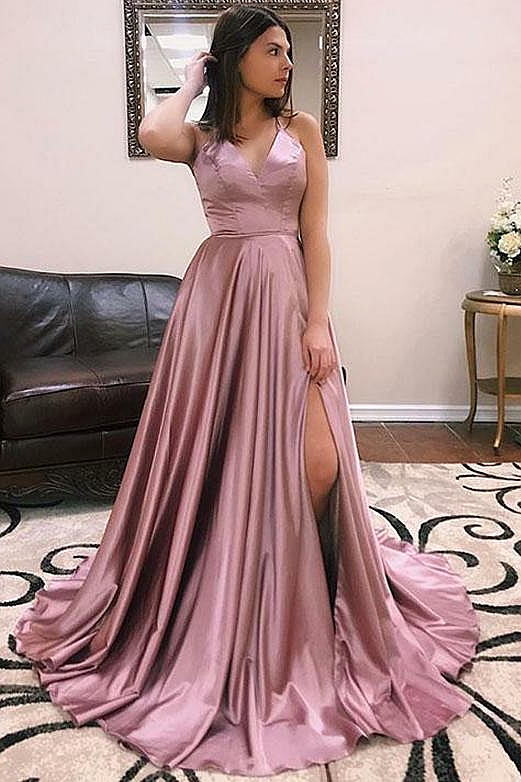 A-line Alluring V-Neck without Sleeve Front Slit Long Prom Dress UK UKes UK