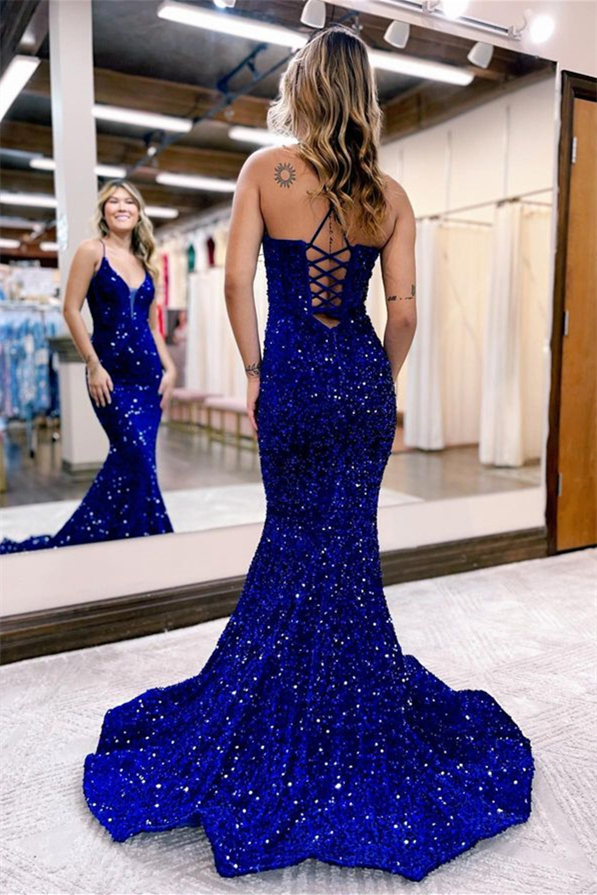 Stunning Royal Blue Spaghetti Strap Sleeveless Mermaid Prom Dress with Beadings