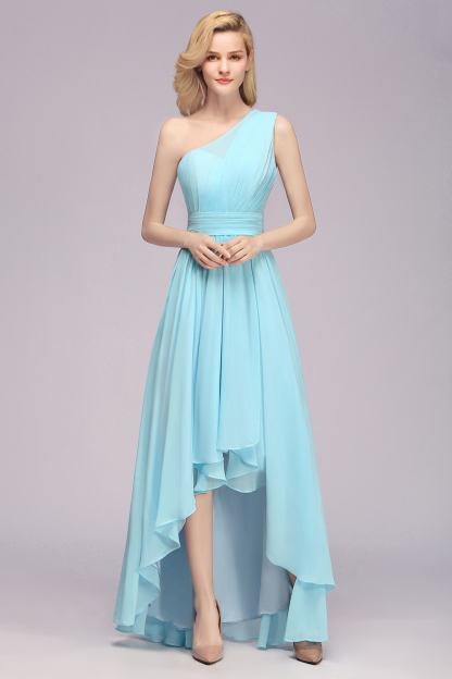 One Shoulder Hi-Lo Sky Blue Chiffon Bridesmaid Dresses