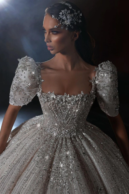 Luxury Square Glitter Seqiuns Ball Gown Puffy Sleeves Aline Wedding Dresses with Beadings Sweep Train-27Dress.co.uk