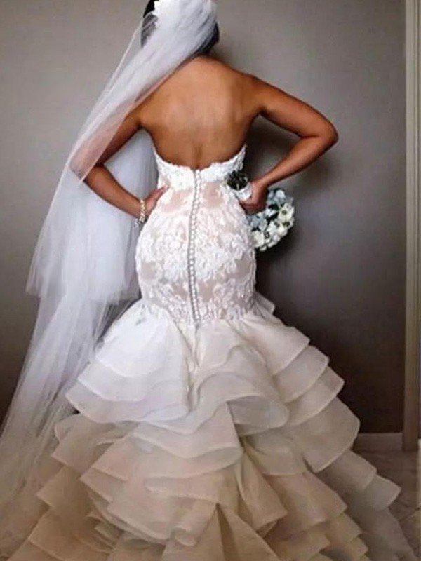 Organza Sleeveless Ruffles Sweetheart Applique Lace Sexy Mermaid Wedding Dresses UK-27Dress.co.uk