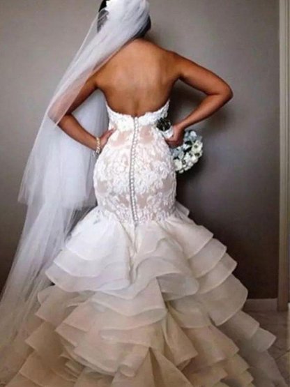 Organza Sleeveless Ruffles Sweetheart Applique Lace Sexy Mermaid Wedding Dresses UK-27Dress.co.uk