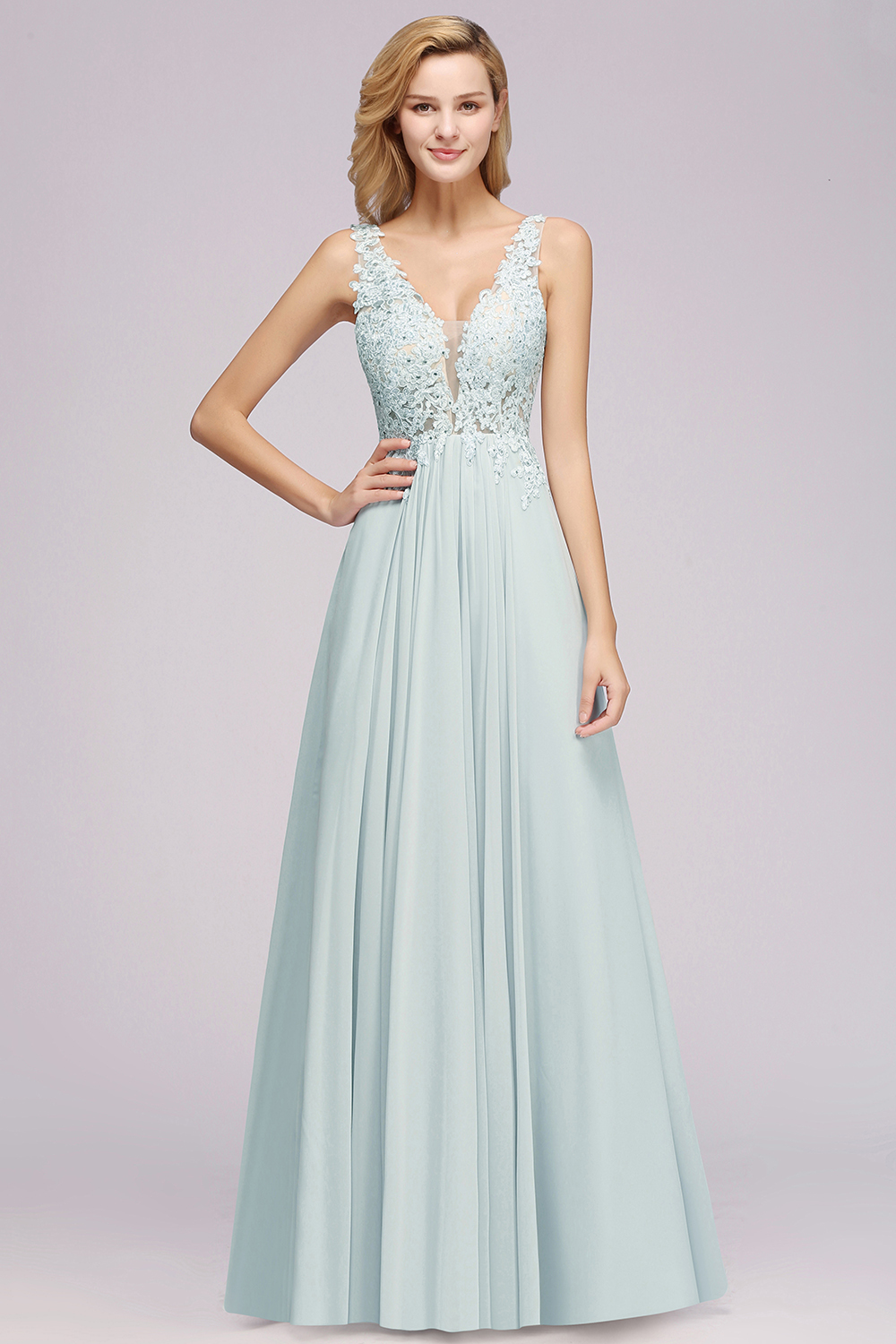 Elegant Lace V-Neck Chiffon?Beadings Long Bridesmaid Dress