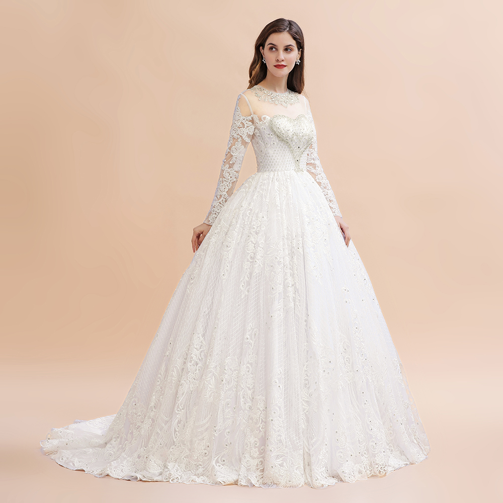 Gorgeous Long Sleeve Wedding Dress Beads White/Ivory with Lace Appliques