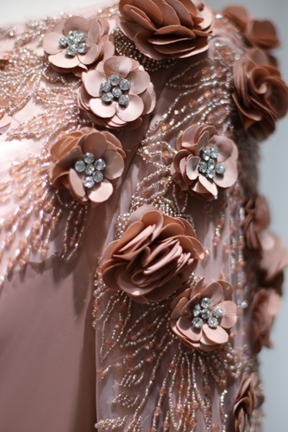 Chic Satin Beadings Mermaid Evening Dress with Sweep Train Long Sleeves 3D Flower Long Party Dress