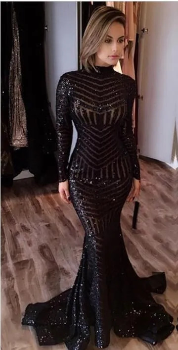 Sequined Black Mermaid High-Neck Elegant Long-Sleeves Prom Dress UK jj0085