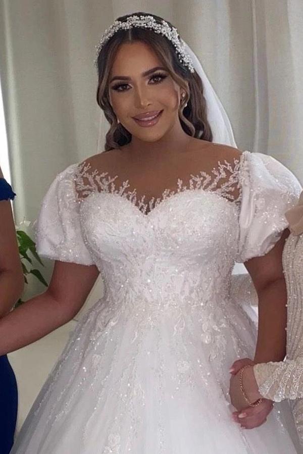 Beautiful Cap Sleeves Tulle A-line Wedding Dresses with Lace Appliques