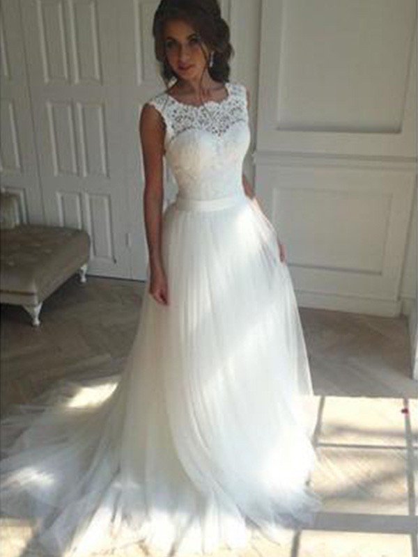 Tulle A-Line Square Court Train Sleeveless Wedding Dresses UK