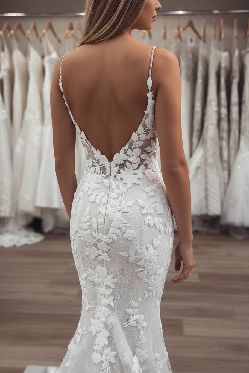 Applique Spaghetti-Strap Wedding Dresses UK Backless  Mermaid Sleeveless Floral Bridal Gowns