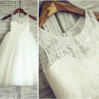 Lovely Lace Tulle Short Flower Girl Dress Illusion Sleeveless
