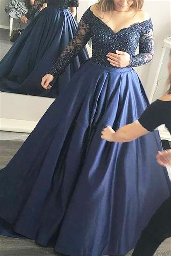 Lace Appliques Lace Off-the-Shoulder Prom Dress UKes UK Plus Size Long Sleeves Evening Dress UKes UK Sexy