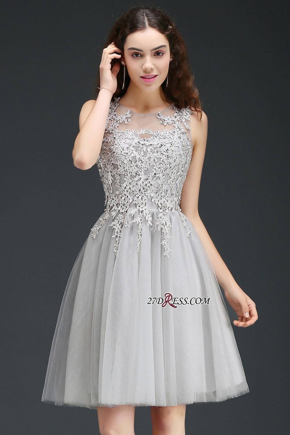 Silver Tulle Short A-Line Sleeveless Appliques Homecoming Dress UK