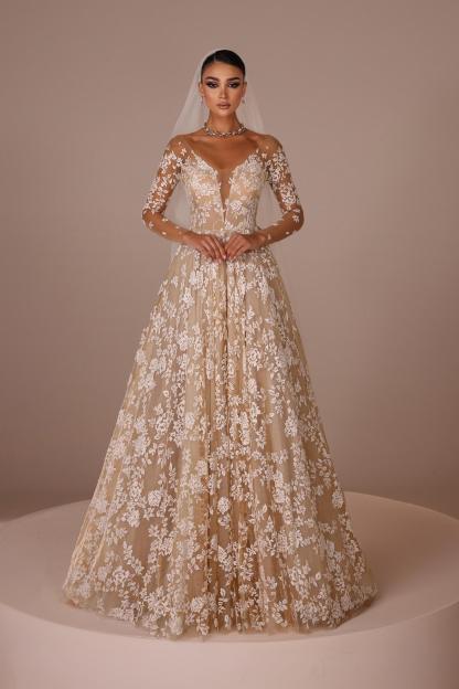 V-neck Tulle Appliques Lace A-Line Wedding Dresses Long Sleeve