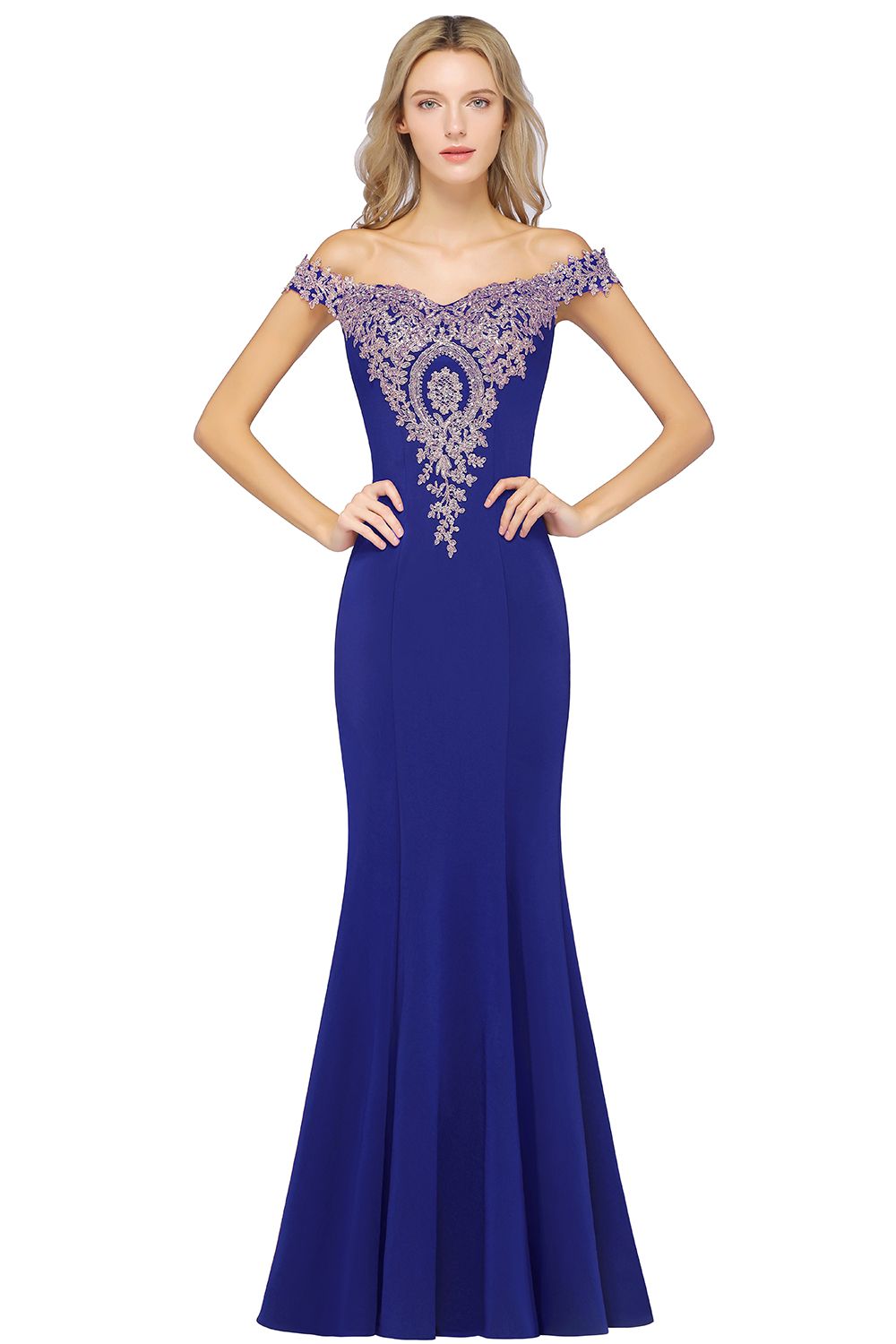 Off-the-Shoulder Mermaid Prom Dress Gold Appliques Long Evening Dress