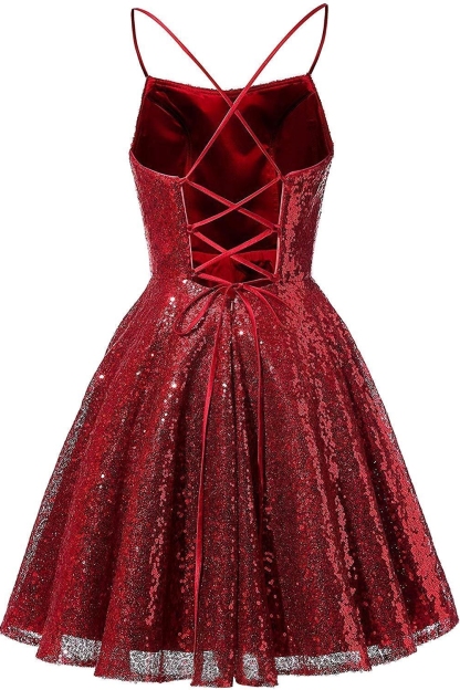 Sparkly Sequins Short Homecoming Dresses Spaghetti Straps Burgundy Party Dress