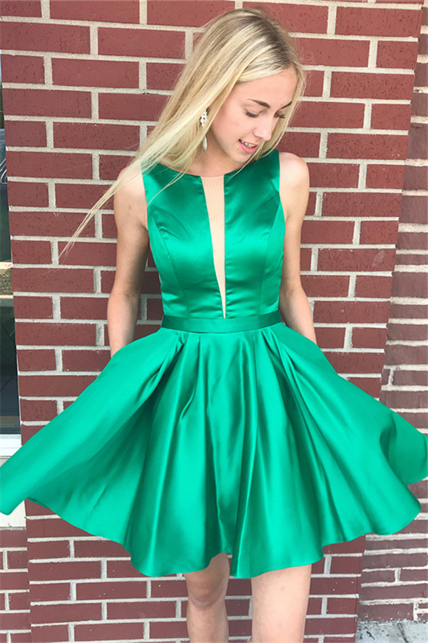 Sleeveless Stretch Satin Green Short Party Dresses Cheap Online