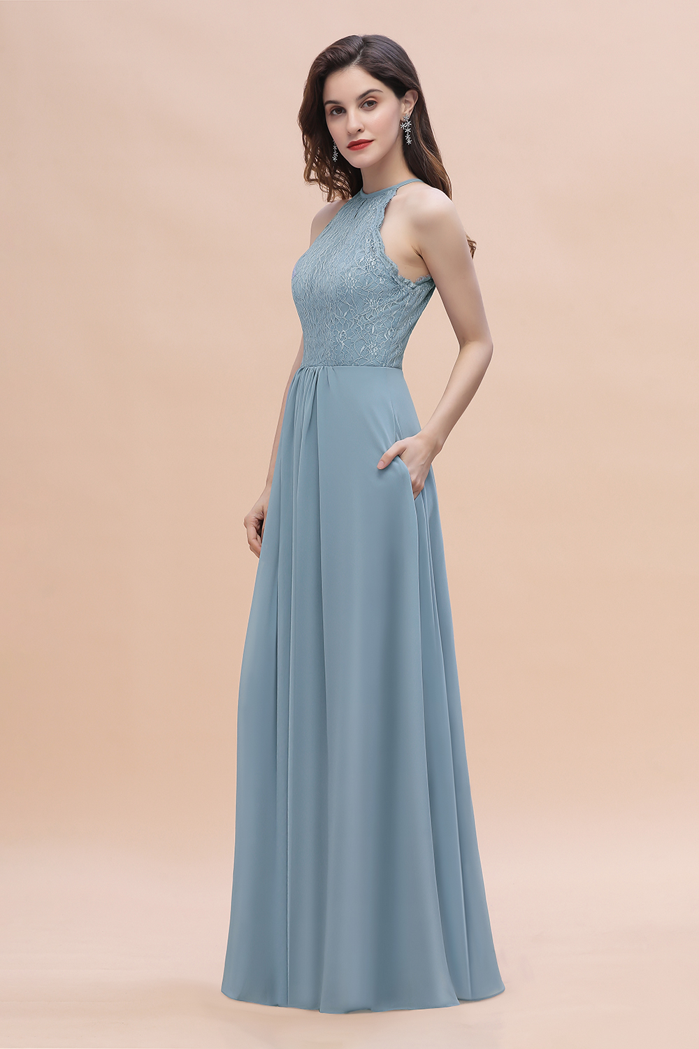 Chic Halter Dusty Blue Ciffon Bridesmaid Dress Simple Lace Formal Dress