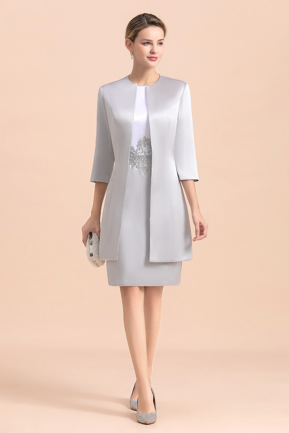Chic Silve Short Mother Of the Bride Dress Knee-Length Wedding Party Gowns