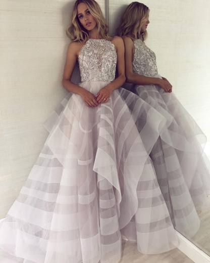 Sexy A-line Appliques Halter Sleeveless Long Length Prom Dress UK