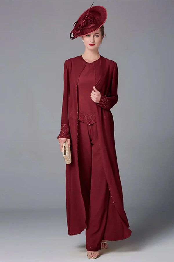 Plus Size Jumpsuit 3 Piece Mother of the Bride Dress Elegant Wrap Included Bateau Neck Floor Length Chiffon Sleeveless with Beading Appliques