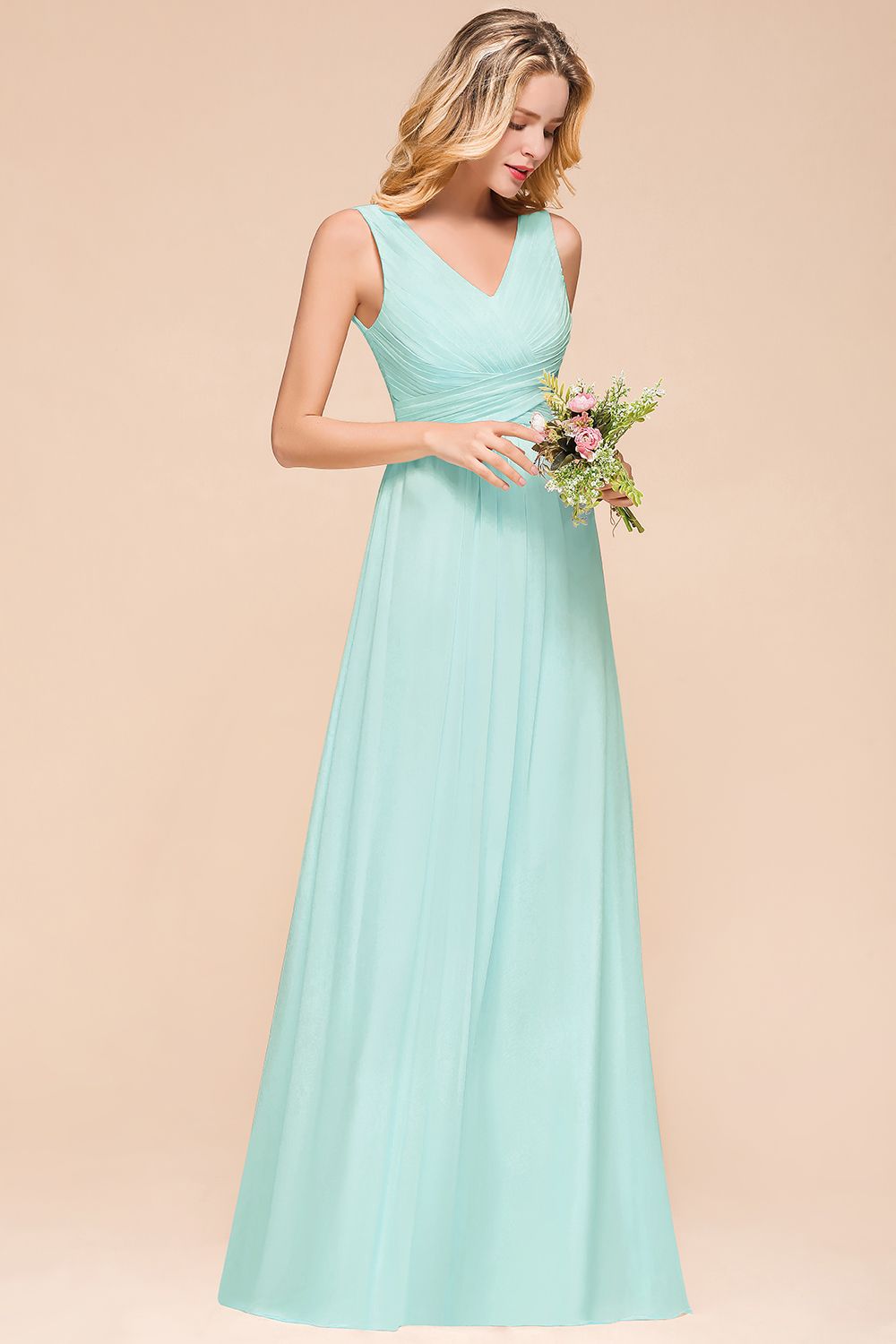 Mint Green Bridesmaid Dress Sleeveless V-Neck Long Wedding Party Dress